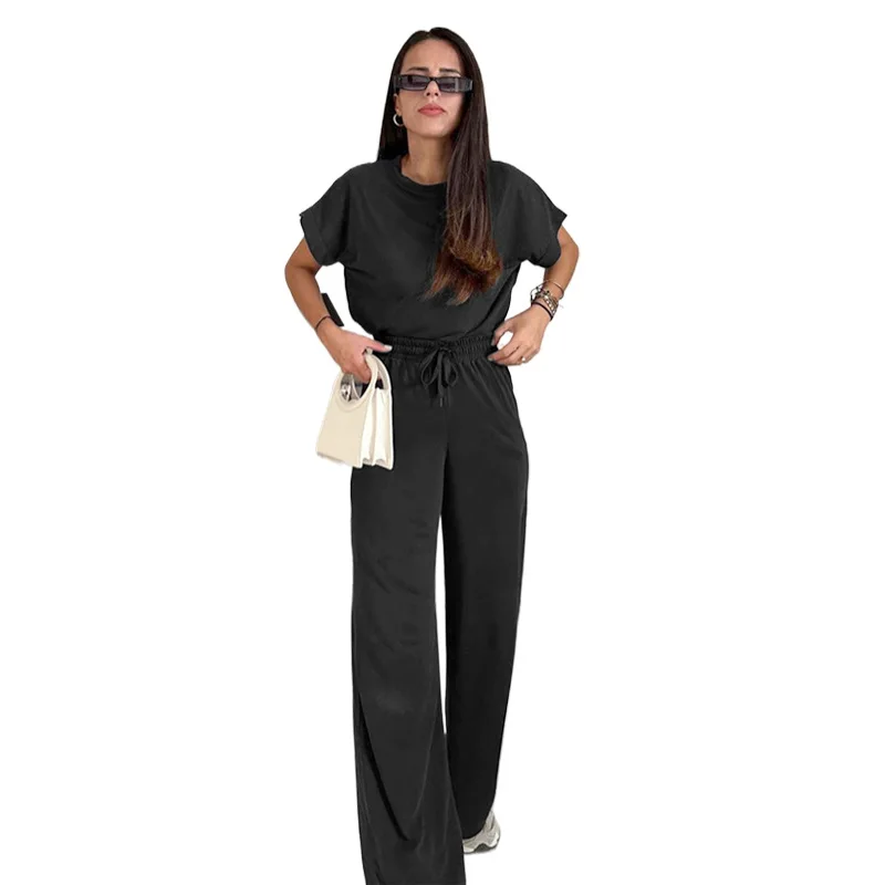 

New Spring and Summer Round Neck Short-sleeved Women's Tops, Fashionable and Casual High-waisted Wide-leg Pants Suits