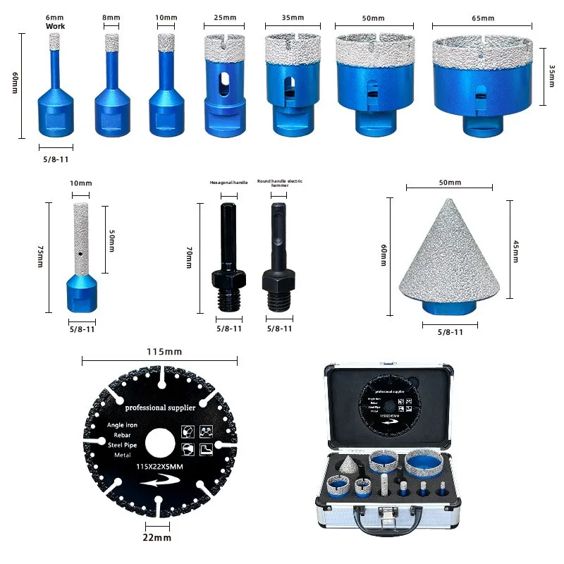 12Pcs 5/8-11 Thread Diamond Hole Saw Kit with Metal Cutter Aluminum Case Wear-resistant Easy Drilling