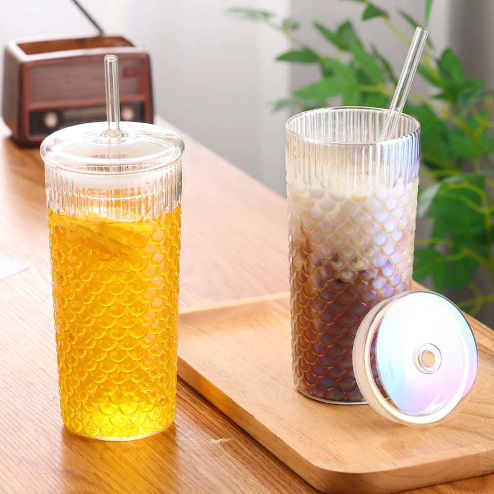 720ml Corrugated Glass Cup Transparent Glasses With Lid and Straw Ice Coffee Mug Tea Cup Juice Glass Milk Water Cup Drinkware