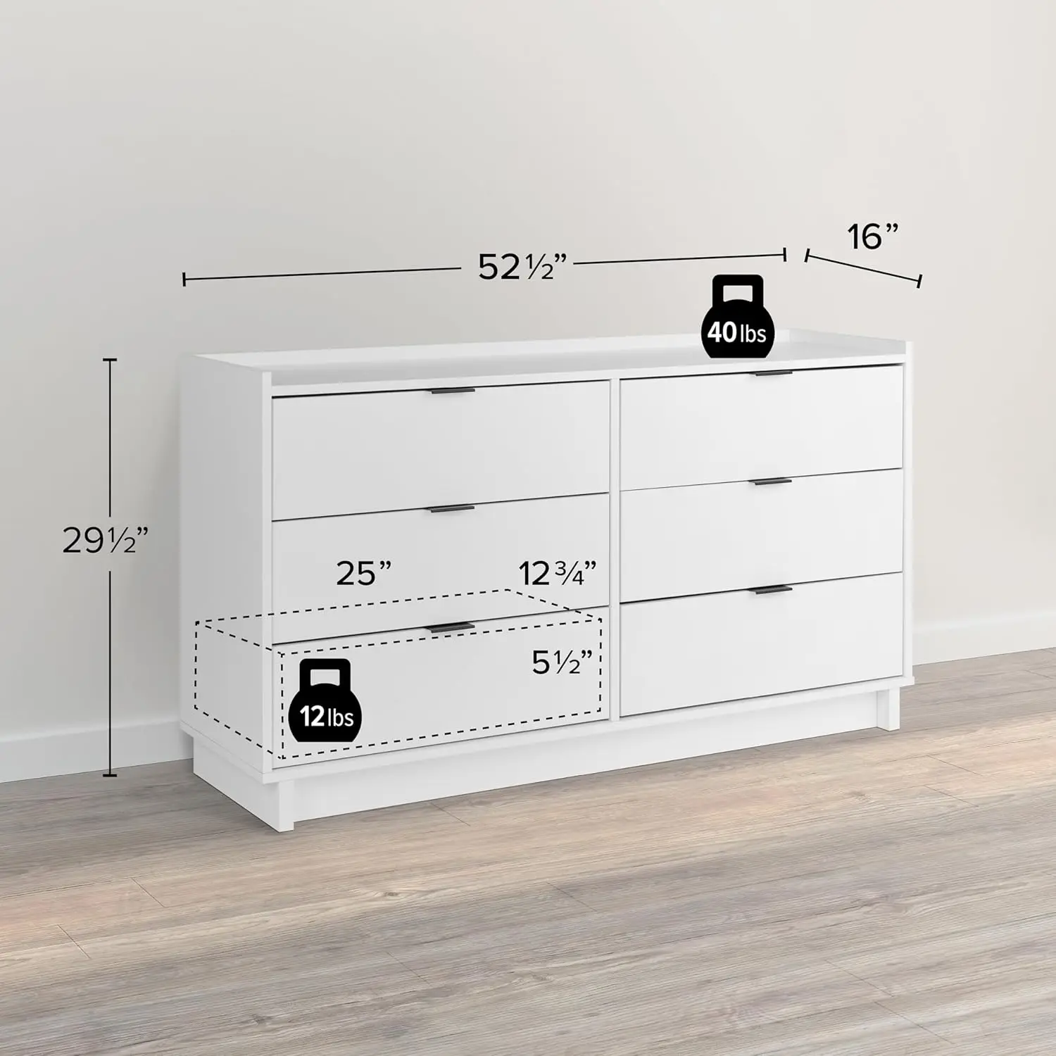 Simply Modern 6-Drawer Double Dresser for Bedroom, Chest of Drawers, Modern Bedroom Furniture, 52.5” wide x 16” deep x 29.5” tal