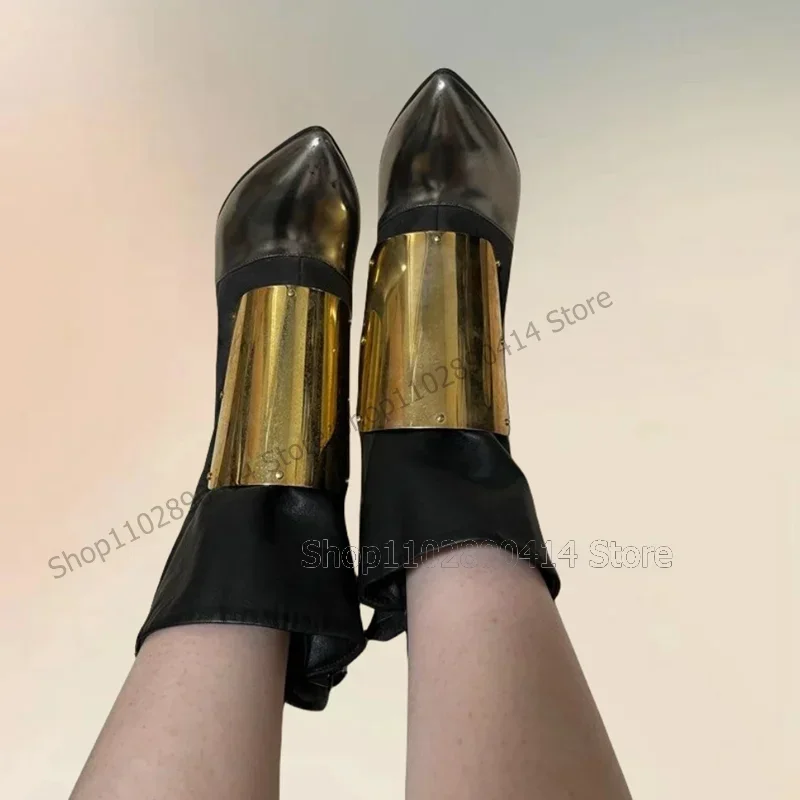 

Metal Decor Black Large Cuff Silver Pointed Toe Boots Side Zipper Women Shoes Thin High Heels Fashion 2026 Zapatos Para Mujere