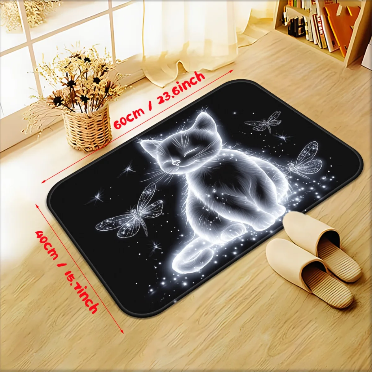 Single Piece 2D Flat Door Mat Featuring a Luminous Cat And Butterflies, Designed to Be Non-Slip And Highly Absorbent. This Mic