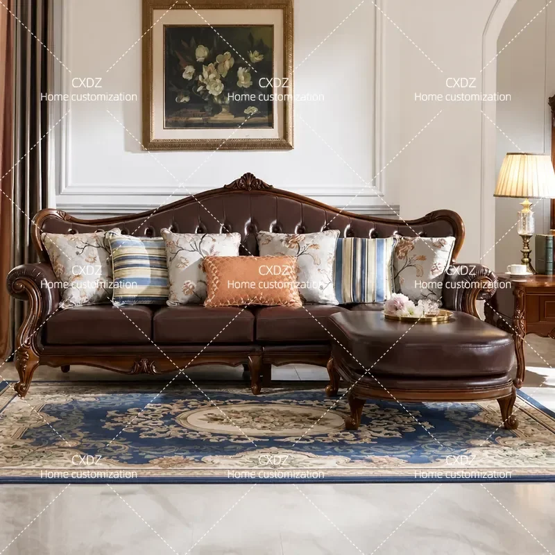 Solid Wood Leather Corner Sofa L Shaped 4 Seater Luxury Sectional Couch Simple Living Room Furniture Combination Set