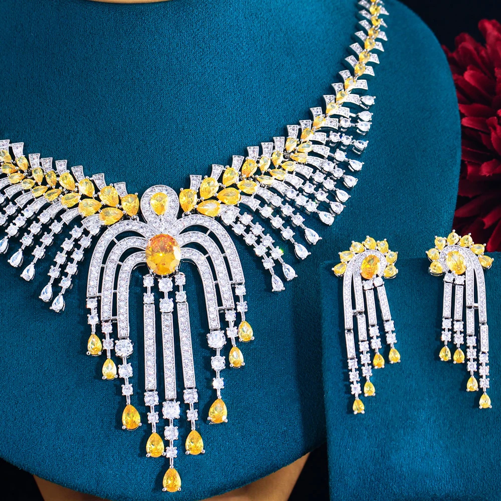 

Pera Luxury Bridal Wedding Jewelry Sets Yellow CZ Stone Paved Long Pendant Necklace Earrings for Brides Party Dress Wear J110