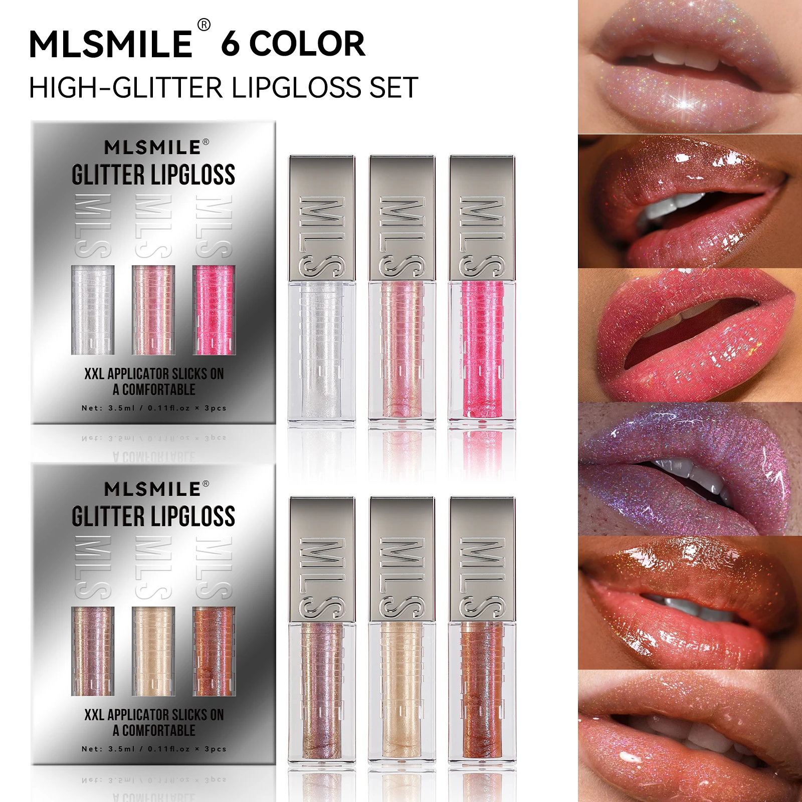 MLSMILE Burst Flash Lip Glaze Set,หัวแปรงขนาดใหญ่ Mirror Pearlescent Lip Honey,Fine Flash Liquid ลิปสติก 3 ชิ้น,วาเลนไทน์