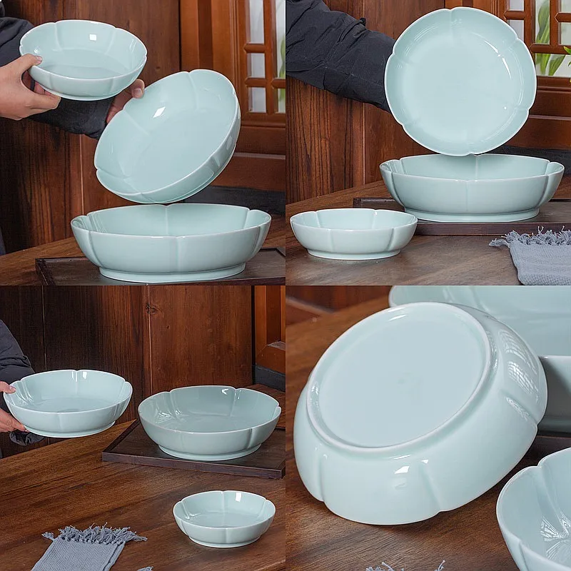 

Jingdezhen Underglaze Celadon Scalloped Deep Plate Plum Blossom Bowl New Chinese Creative Hotel Restaurant Kitchen Tableware