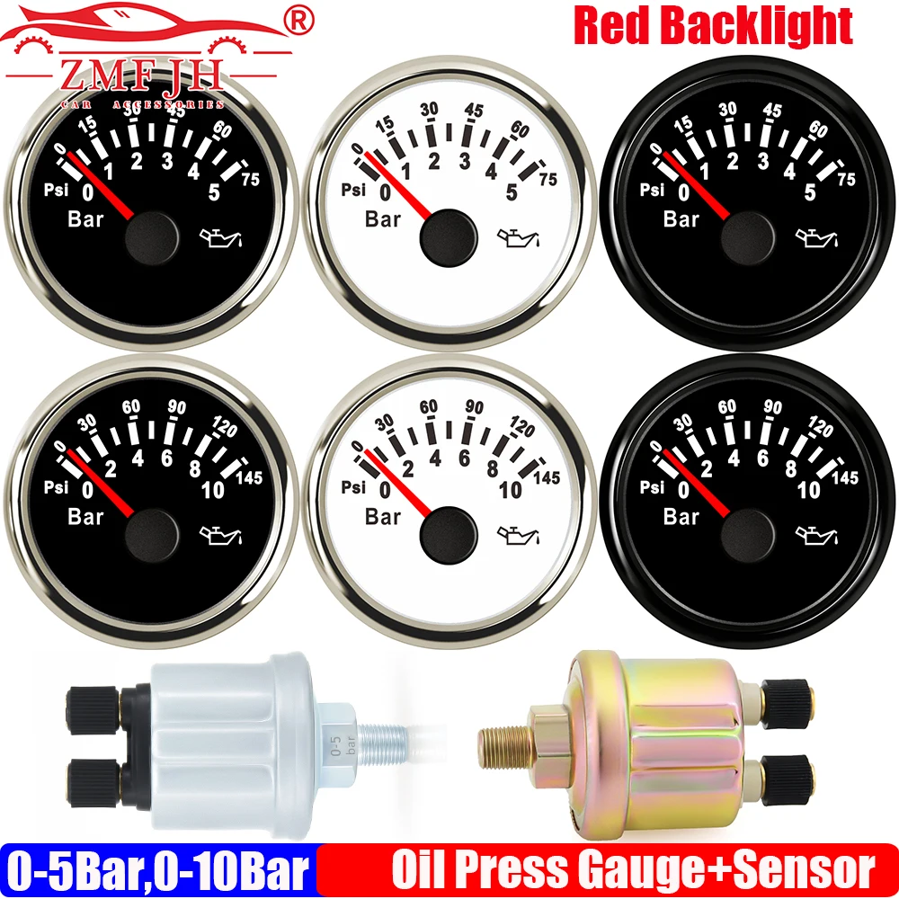 

ZMFJH 0 ~ 5 бар, 0 ~ 10 бар, 0-75PSI, 0-145PSI Манометр масла с датчиком 1/8NPT Красный свет 52 мм Индикатор датчика масла Автомобиль Лодка