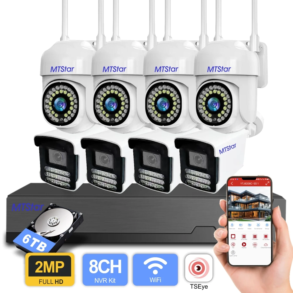 MTStar 8CH Smart WiFi Bullet PTZ Camera Kits Two Way Audio IP66 Color Night Vision H.265+ P2P Human Detection CCTV P2P TSEye NVR