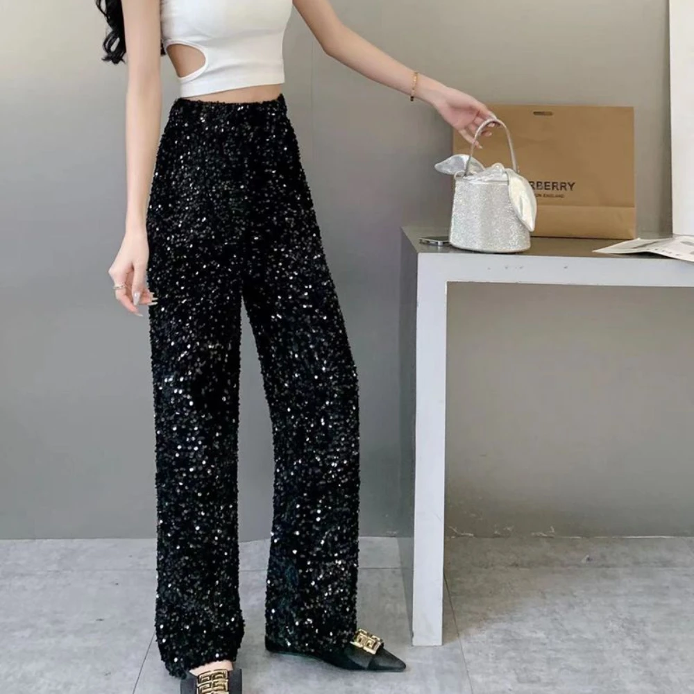 กางเกงขาบานเอวสูงเข้ารูปของผู้หญิงกางเกงปักเลื่อมสไตล์เกาหลีกางเกงยาวถึงพื้น