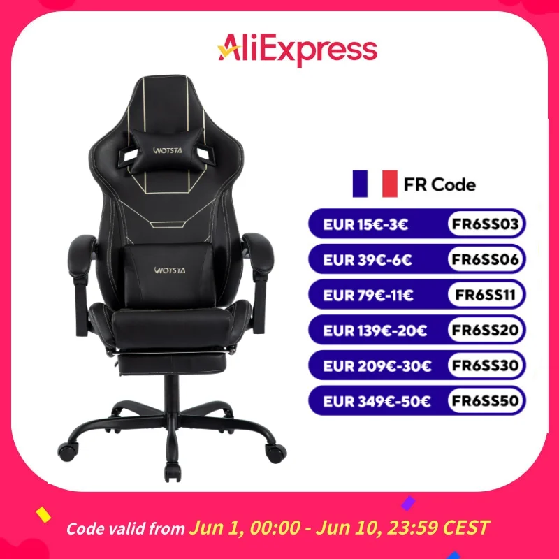 WOTSTA Gaming Stuhl Ergonomisch Chaise de jeu Bürostuhl mit Fußstütze Racing Computerstuhl Höhenverstellbar Gepolstert Computerst