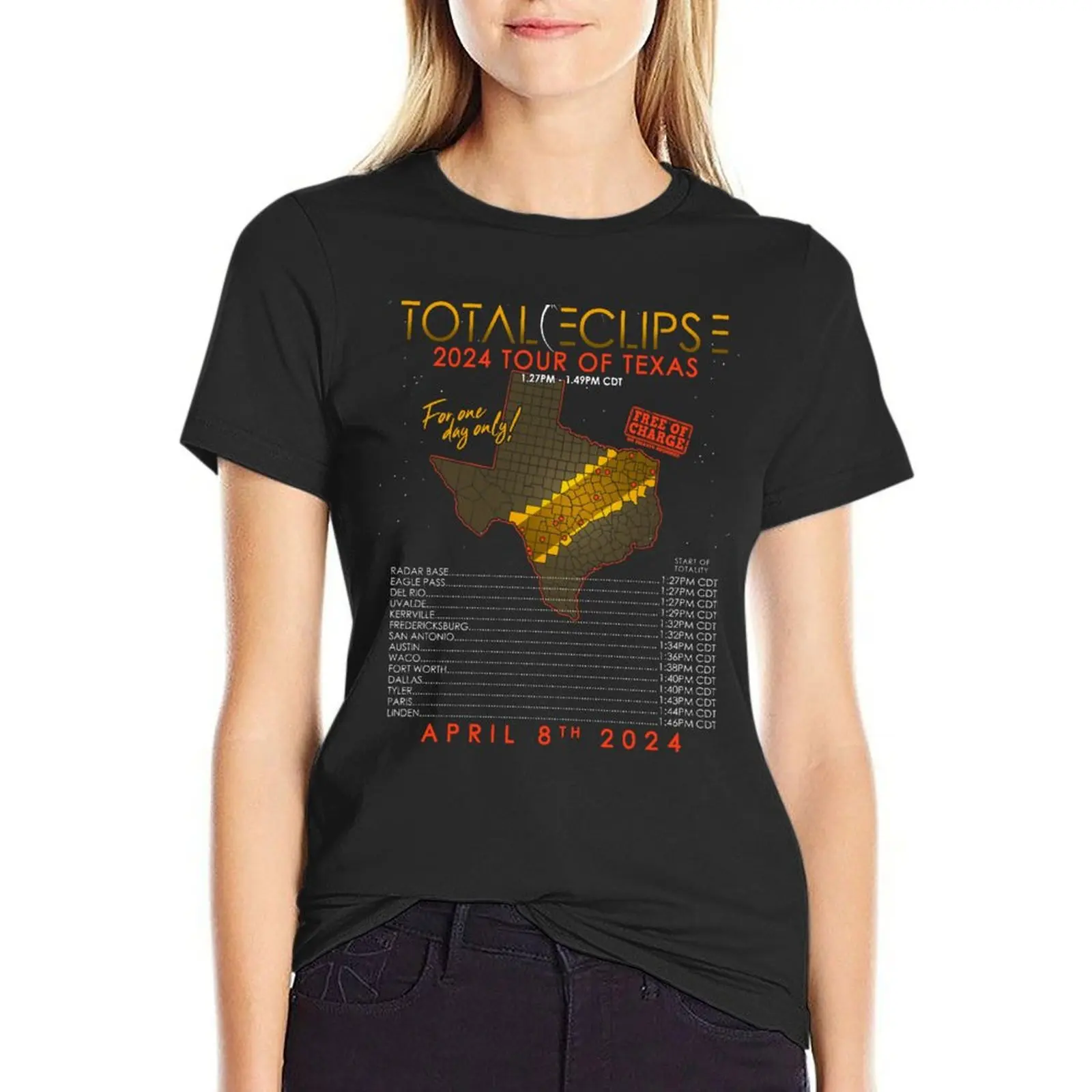 

Total Solar Eclipse 2024 Tour of Texas T-Shirt summer tops anime clothes graphics Women clothing