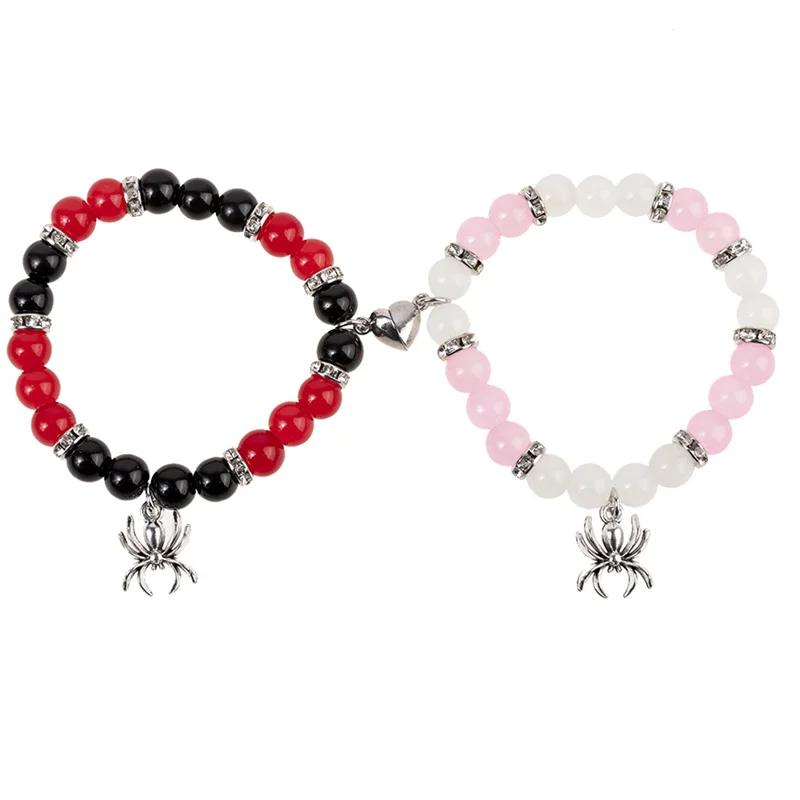 

2Pcs/Set Gothic Spider Animal Beaded Bracelet Heart Magnetic Matching Couple Elastic TBracelets for Women Men Halloween Jewelry