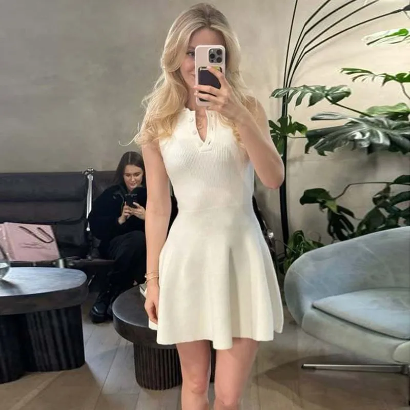 

Белое вязаное мини-платье в стиле поп, модное однобортное тонкое платье трапециевидной формы без рукавов с лацканами, летнее повседневное офисное женское платье