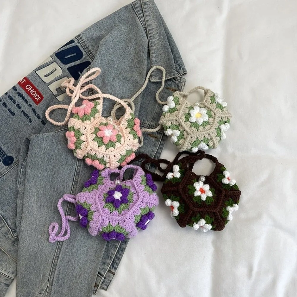 

Sweet Handmade Crochet Crossbody Bag Fabric Yarn Flower Pattern Small Change Purse Knitted Armpit Bag