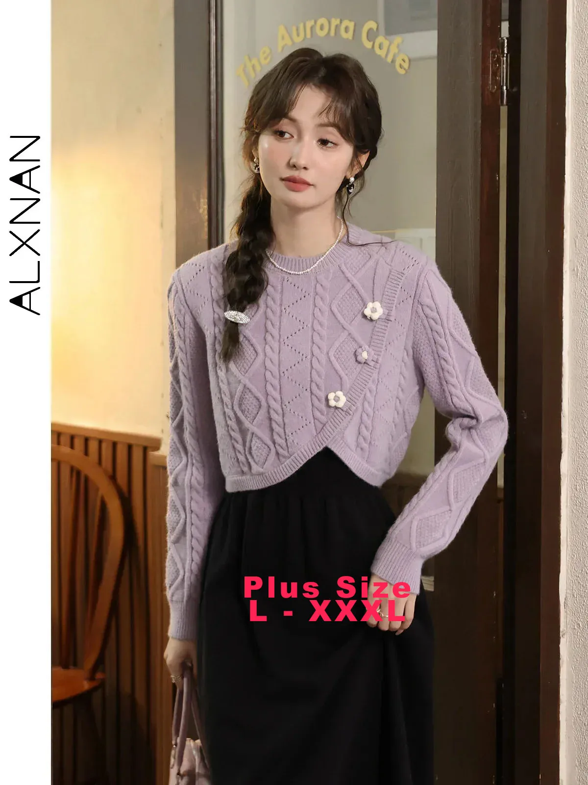 

ALXNAN Plus Size Sweater Elegant O-neck Flower Buttons Women's Knitted Jumper 2025 Autumn Winter Long Sleeve Pullovers DM00706MY