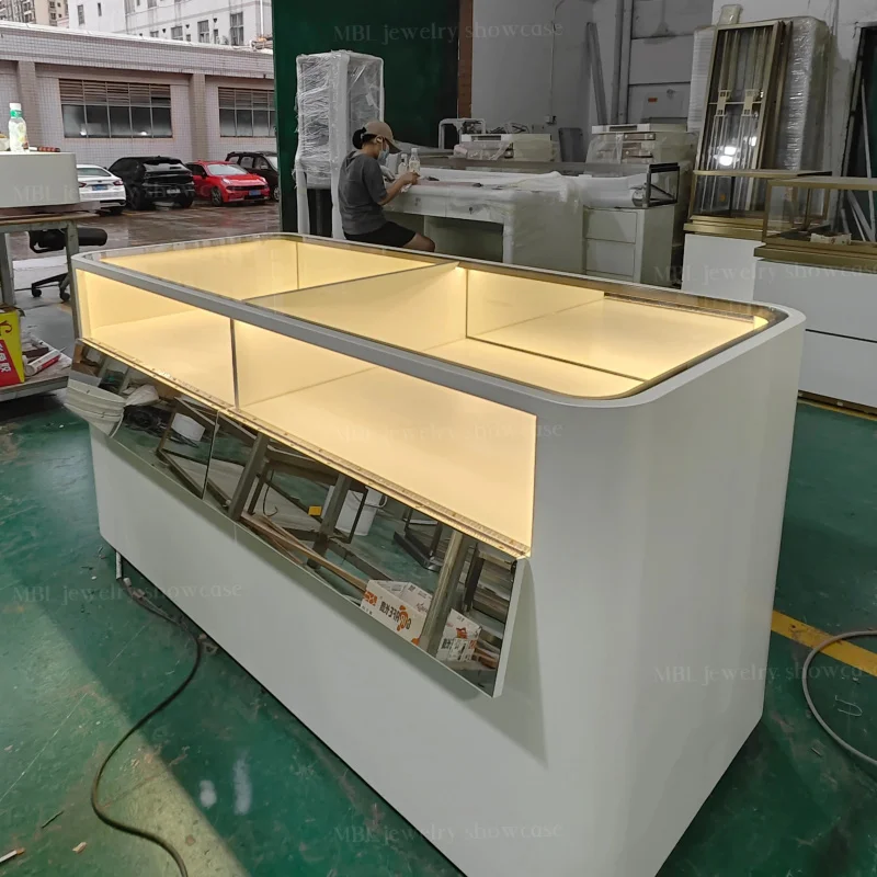 custom.Modern Luxury Jewelry Showcase LED Lighting Waterproof Design Durable Build Polished Solid Back Corner Shelf