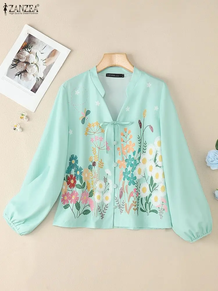 

2025 ZANZEA Autumn Stand Neck Long Sleeve Tops Women Floral Printed Blouse Elegant Work Shirt Mujer Casual Lace-Up Blusas Tunic