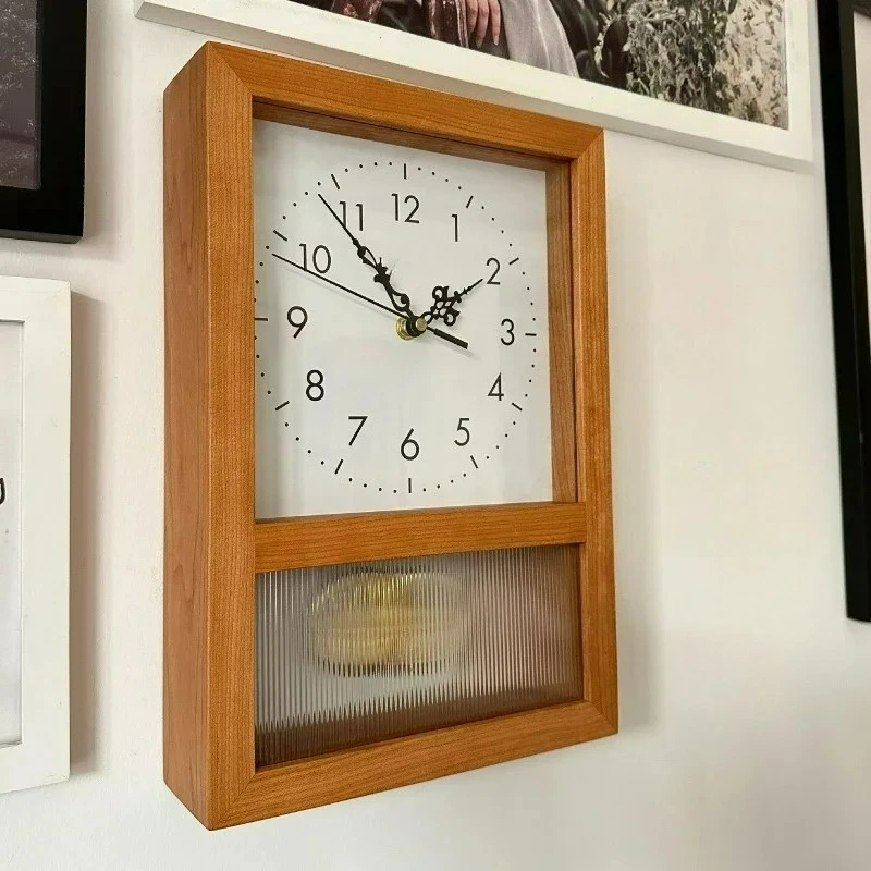 Cherry solid wood Japanese retro clock living room Nordic wall-mounted silent clock square pendulum