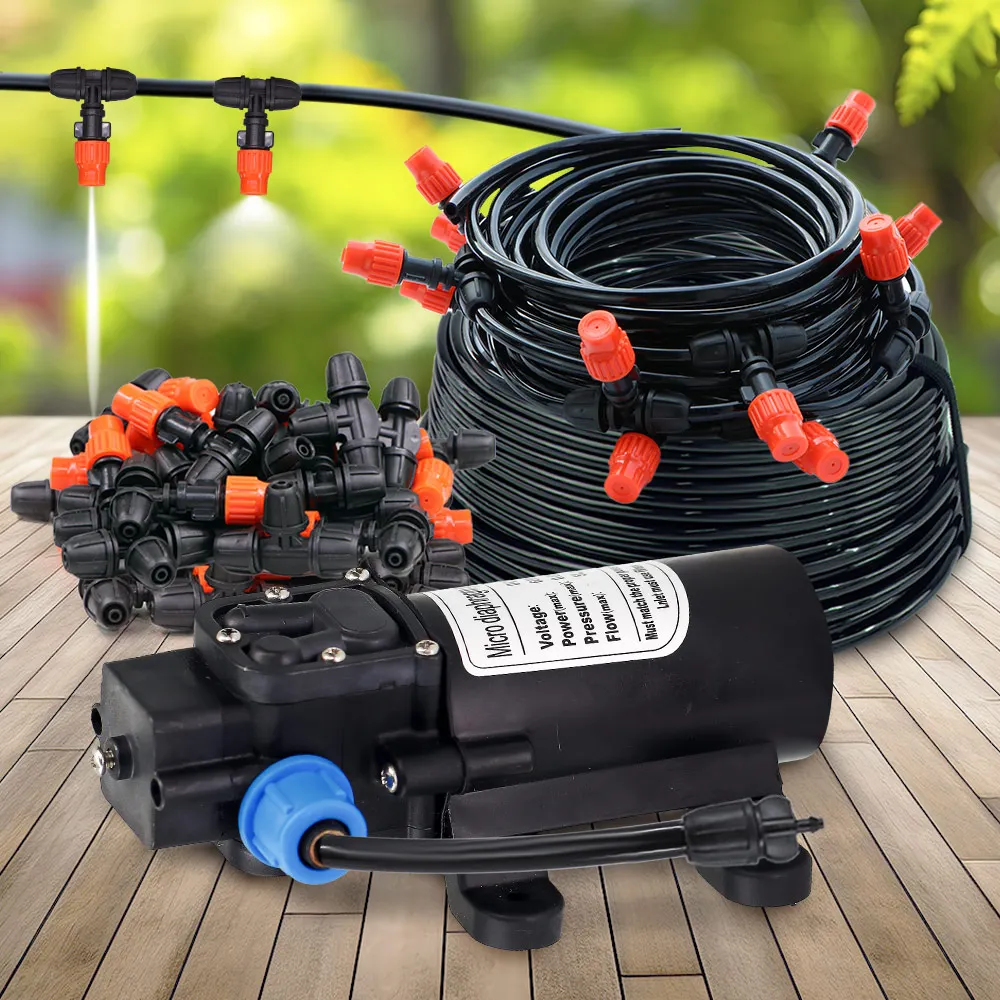 MUCIAKIE 4/7mm Hose Orange Adjustable Atomizing Nozzle Spray Cooling System 60W Self-Priming Pump Spray Watering Kit for Farms