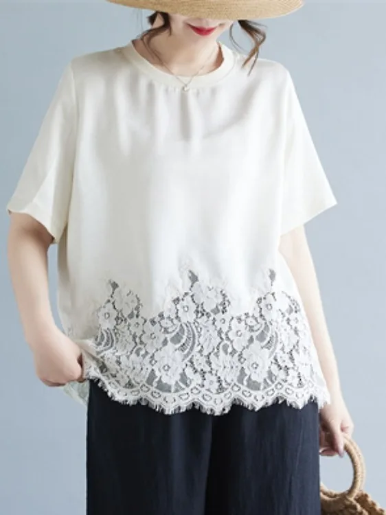

Summer 2026 Lace Splicing Casual Short Sleeve round Neck T-Shirt plus Size Women's Pure Color Loose Fit Daily Wear Top