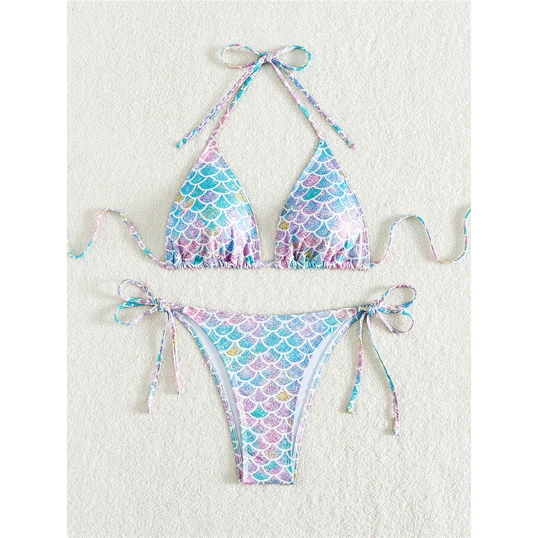 XS - L Bedruckter Neckholder-Bikini mit hohem Beinausschnitt, Damen-Badebekleidung, zweiteiliger Bikini-Set, Badeanzug, Badebekleidung, Schwimmanzug V5302 – Detail 11