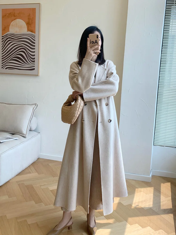 

New Double-sided 100% Cashmere Coat Women Double-breasted Long Woolen Coat Loose Lace-up Soft Fashion Female Wool Jacket Winter