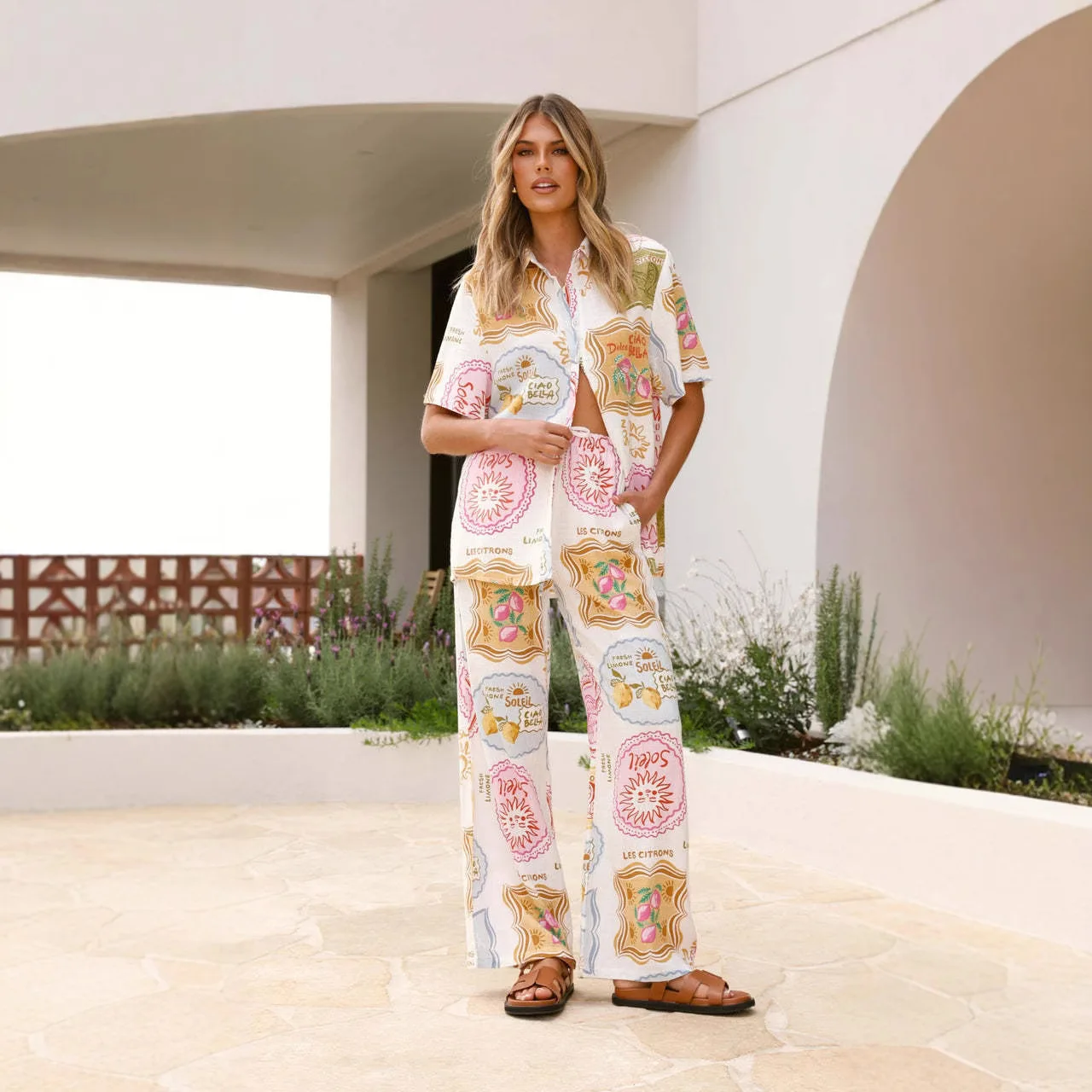Casual Faion Two-Piece Set with Print ort Sve Holiday Loose Rope Tie Women's Polyester Blend Spring Season All Year Long