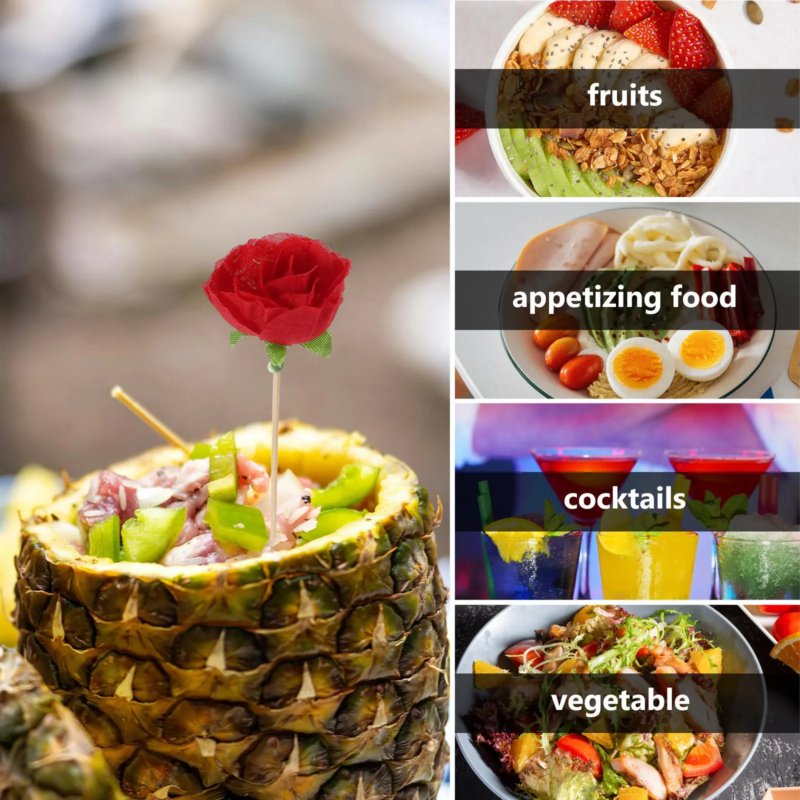 50Pcs Cocktail Picks Rose Flower Skewers Bamboo Party Toothpicks Wedding Bridal Shower Appetizer Food Fruit Drink Decorations