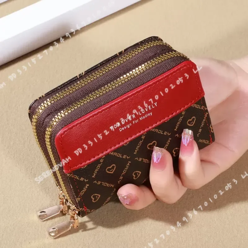 RFID Protection Mini Wallet Chic Faux Leather Double Zipper Multiple Card Slots Slip Pocket Compact Classic Clutch