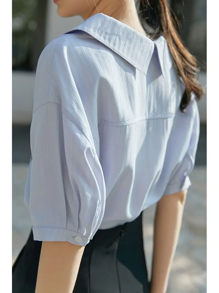 ZIQIAO Japanese Lapel Collar Short Drop Sleeve Blouses Slit Design Office Lady Solid Summer Top Commuter Casual Slim Shirts