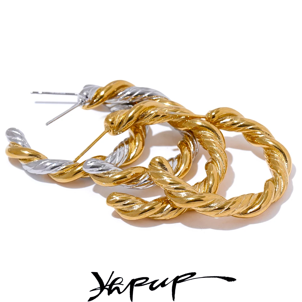 Yhpup Fashion Stainless Steel C-Shape Round Twisted Huggie Earrings Prevent Allergy Metal Geometric Charm Waterproof Jewelry