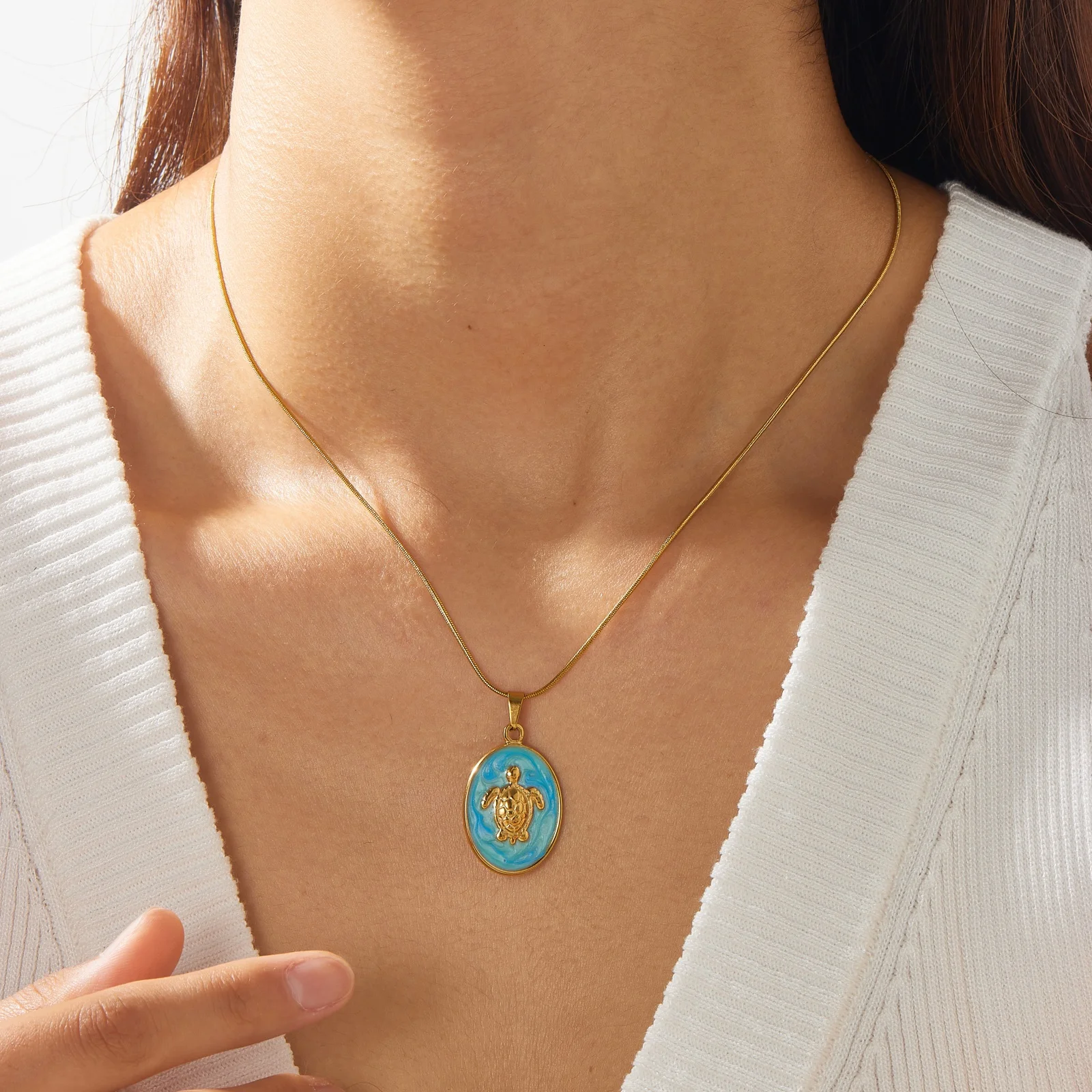 DIEYURO 316L Stainless Steel Blue Enamel Oval Inlay Sea Turtles Ocean Pendant Necklace Women Vacation Neck Chain Jewelry Gift view 5
