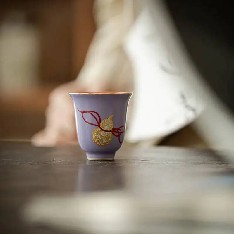 Hibiscus Purple Contrast Color Alum Black Tea Cup Traditional Color Gold and Silver Mixed Gourd Tea Cup Gold-Plated