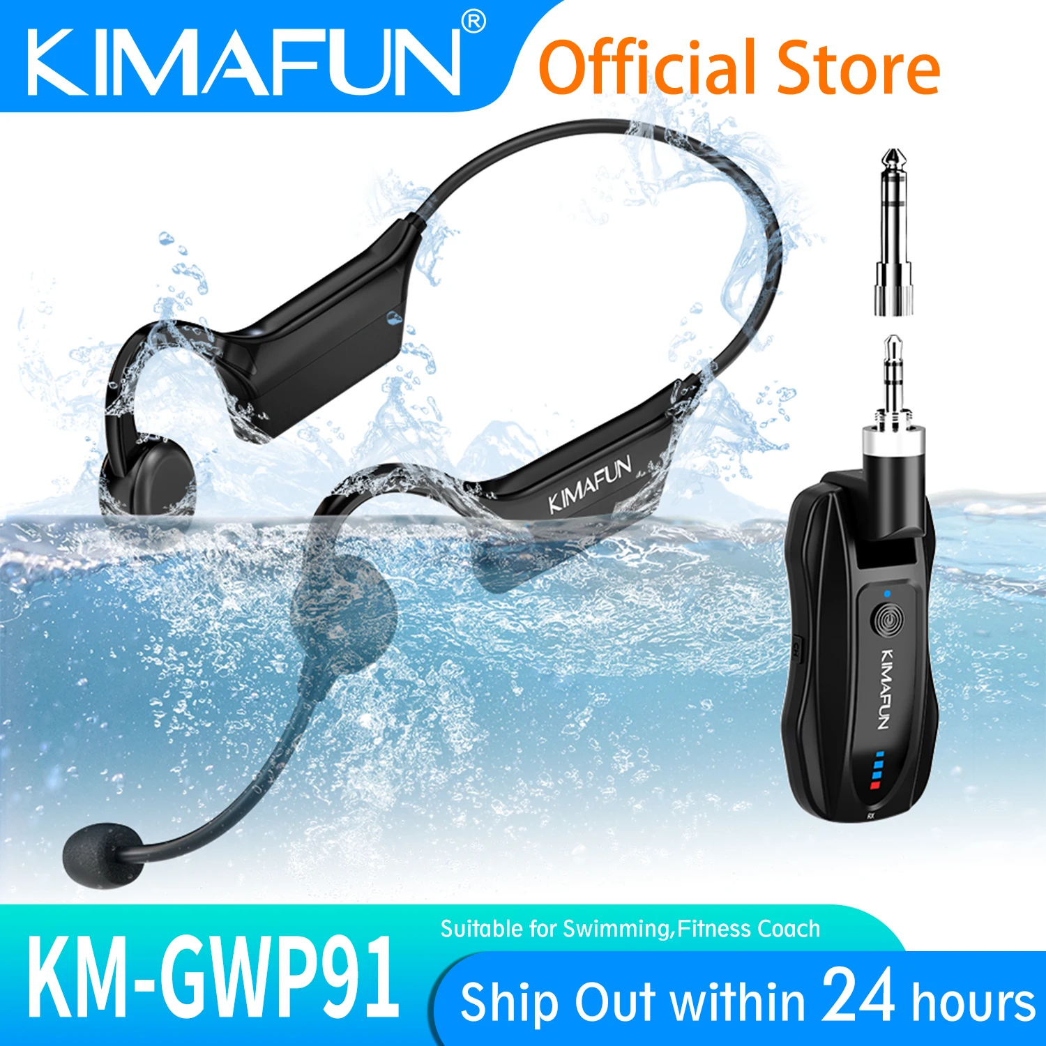 KIMAFUN Wireless Waterproof Headset Microphone,2.4G Omnidirectional Water Sports Mic for Swimming,Surfing,Yoga Coach,Fitness,Gym