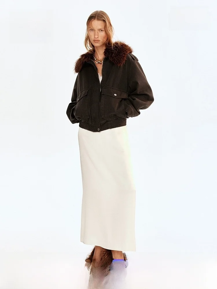 

H&M Women's Jaet Loose Fur Collar High Quali Vintage American Sle Winter Coat Youth Middle-aged Suitable Faux Fur