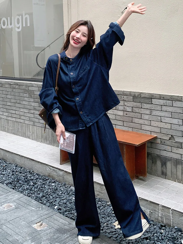 LANMREM Women Streetwear Denim Two-piece Set Stand Collar Long Sleeves Loose With Split Wide Leg Pants 2024 Autumn New 2Z2649
