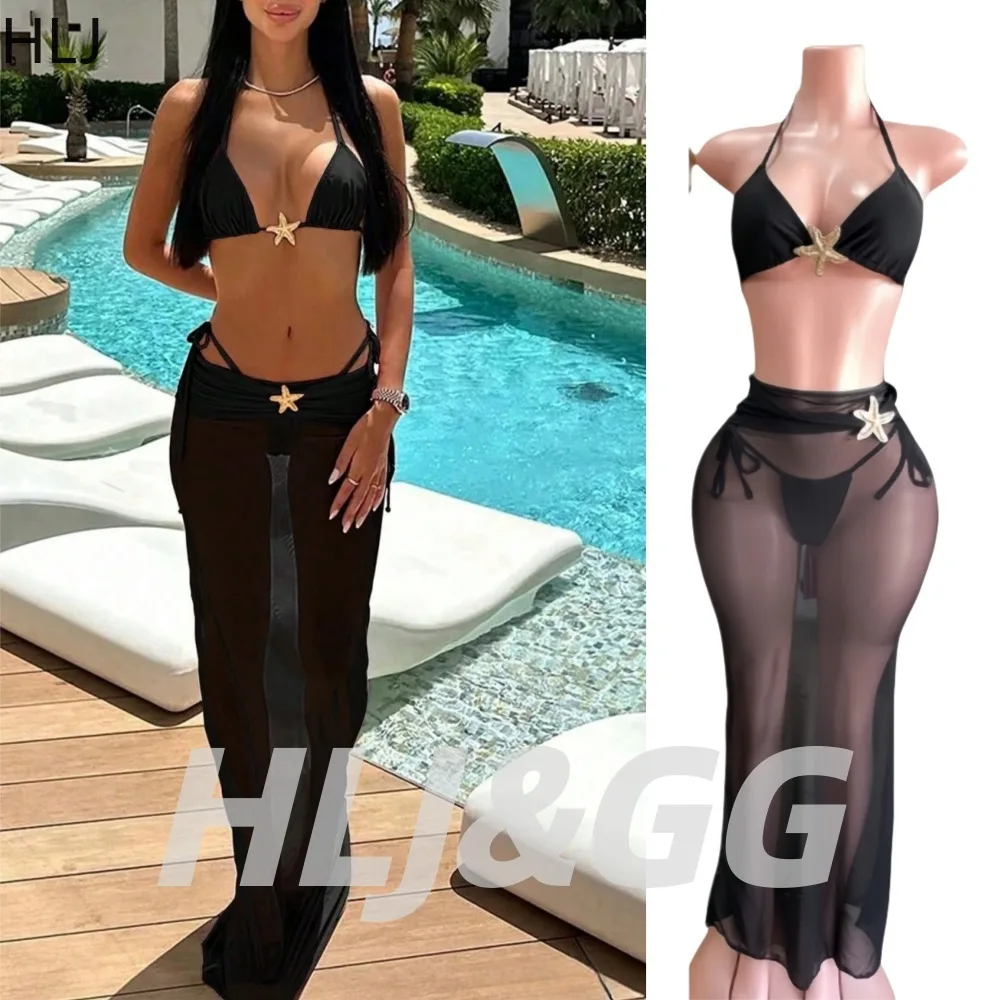 

HLJ Sexy Starfish Patchwork Bikini 3-Piece Set Women Halter Triangle Top and Mesh Cover Up Skirt Female Beachwear Swimwear New