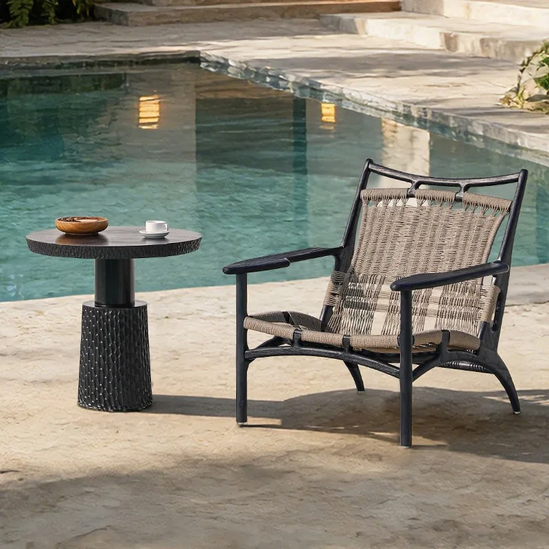 Balcony sofa chair, Burmese teak leisure chair, rattan retro recliner garden terrace solid wood woven chair