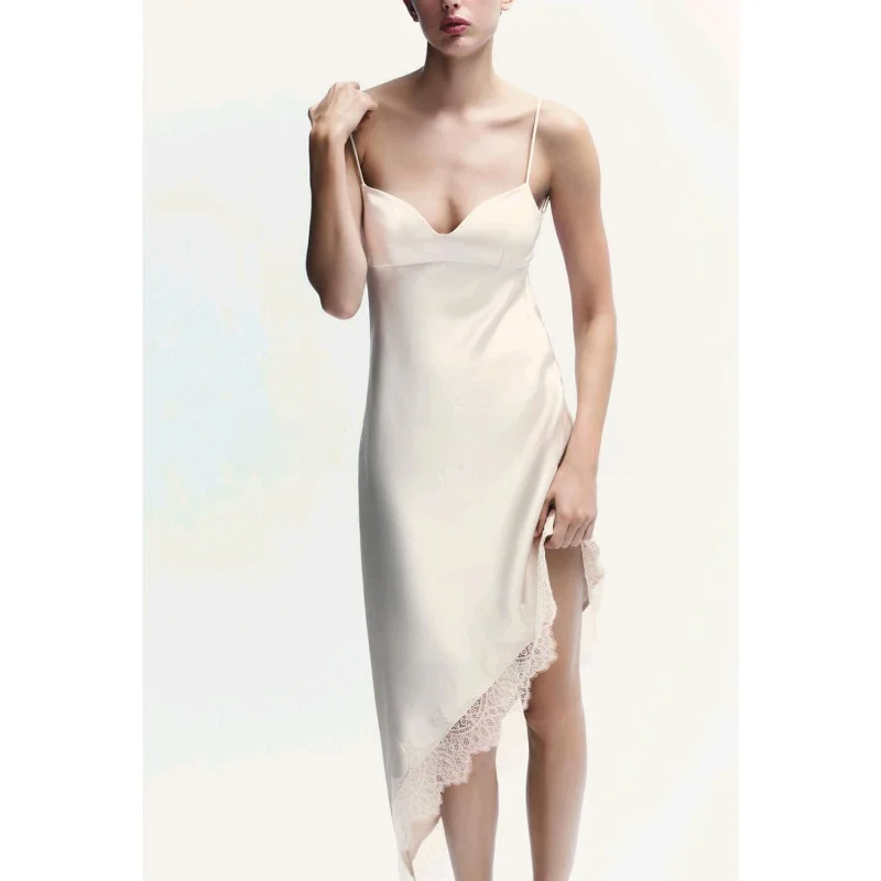 กระโปรงมิดิลำลองผู้หญิง รุ่น X ผ้าซาตินเนื้อนุ่ม สายเดี่ยวแบบไม่สมมาตร แต่งลูกไม้เซ็กซี่ ผ้าโพลีเอสเตอร์ผสมผ้าโปร่งจีบ