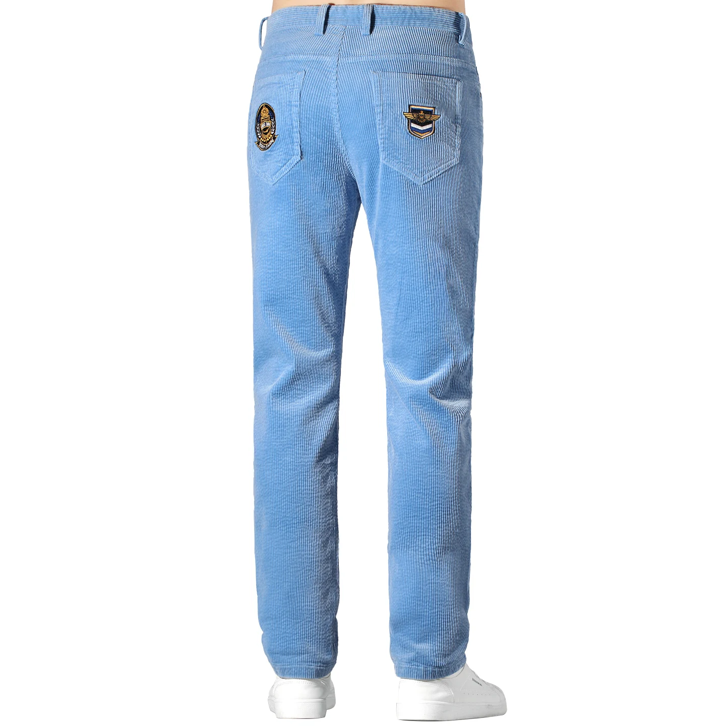 Pantaloni da uomo addensati ricamati di tendenza invernale Bruce & Shark Pantaloni larghi in vita a gamba dritta in velluto a coste azzurro per uomo di grandi dimensioni