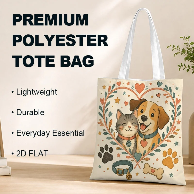

Pastel Cat & Dog Tote Bag- Cute Heart Leaf Wreath Shoulder Purse with Brown-White Puppy & Gray Kitten Print Ladies' Shoulder Bag