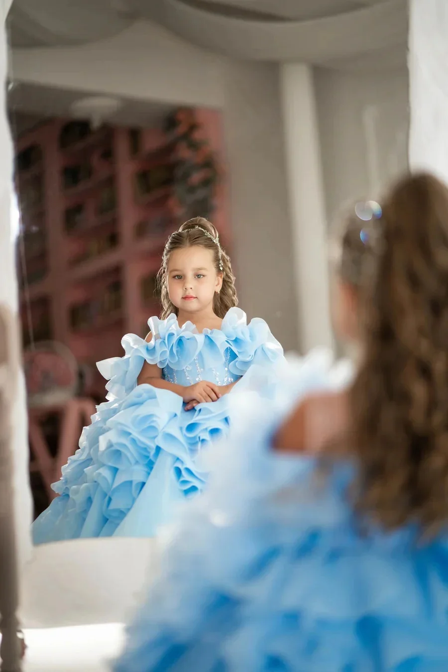 

Elegant Blue Flower Girl Dress For Wedding Sequined Ruched Floor Lenght Kids Birthday Party First Communion Ball Gowns Custom
