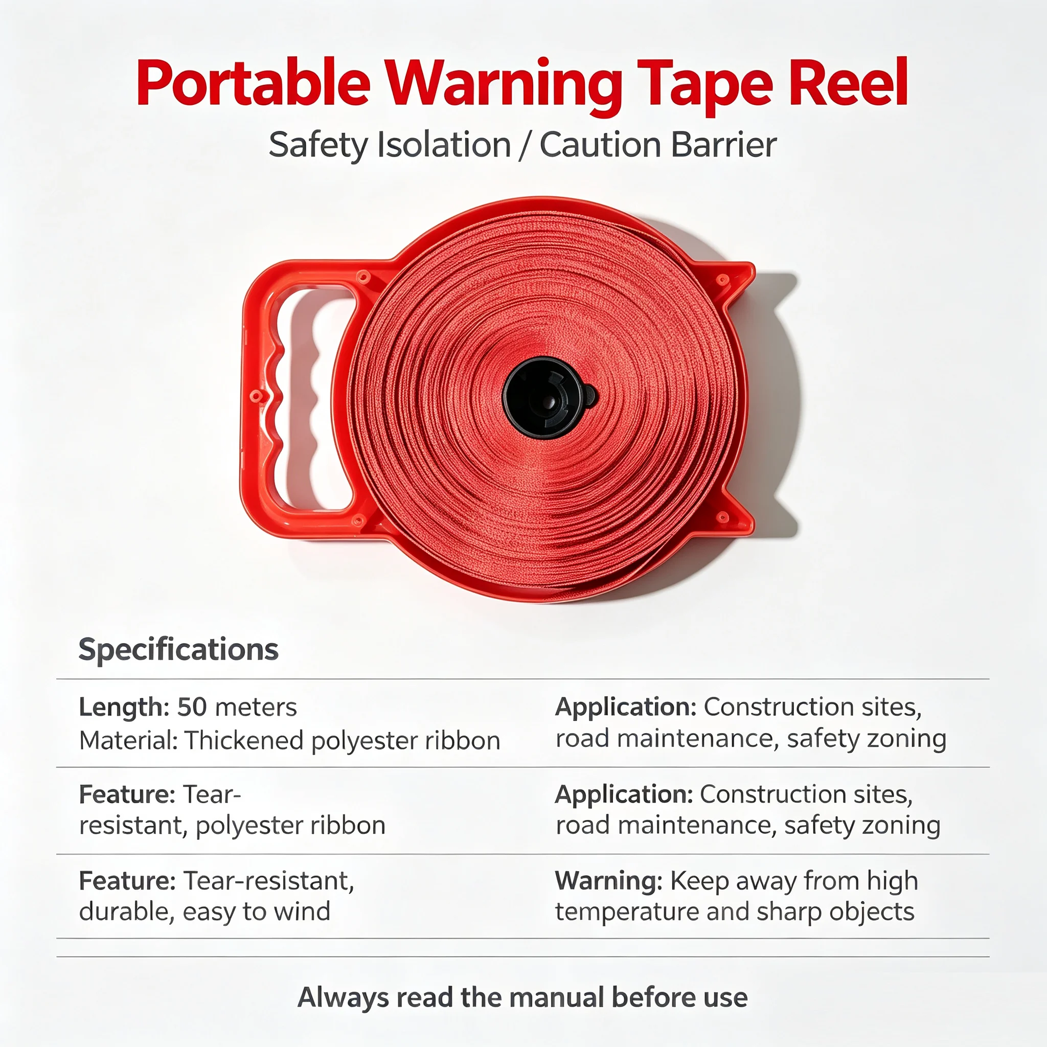 Heavy Duty Retractable Warning Tape Reel with Carry Handle, 50m Long Safety Barrier Line, Portable Traffic Police Emergency Isol