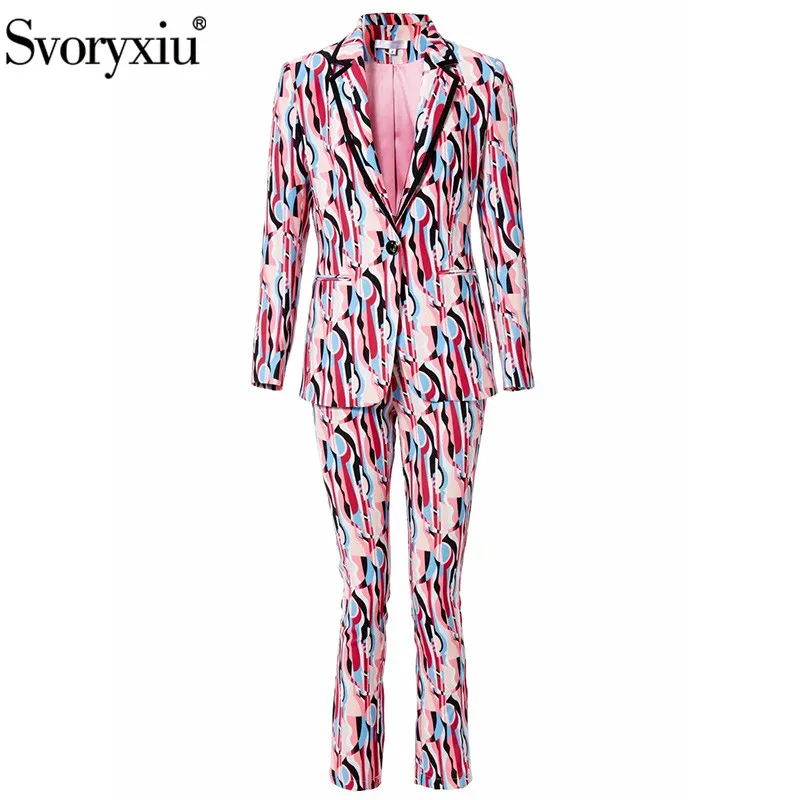 

Svoryxiu Designer Autumn Winter Fashion Office Lady Two Piece Set Women's Elegant Print Single Button Blazer + Pants Suit XXL