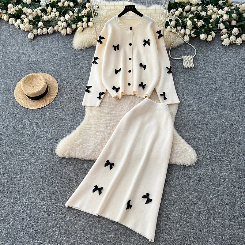 

Зимний свитер, костюмы из двух предметов, свободный толстый теплый пуловер + тонкая юбка с высокой талией, милый 3D бант, шикарные повседневные вязаные комплекты