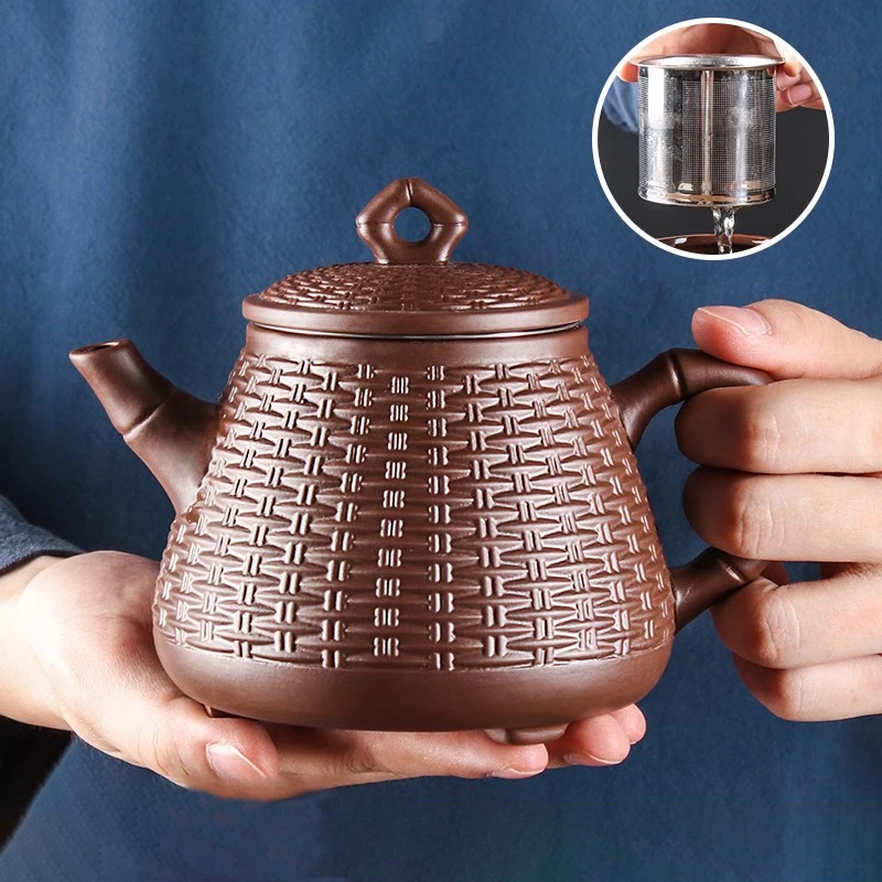 

Yixing Purple Clay Pot Large Capacity Stainless Steel Filter Tea Pot Large Dragon Phoenix Bamboo Weaving Pot Kung Fu Tea Cup Set