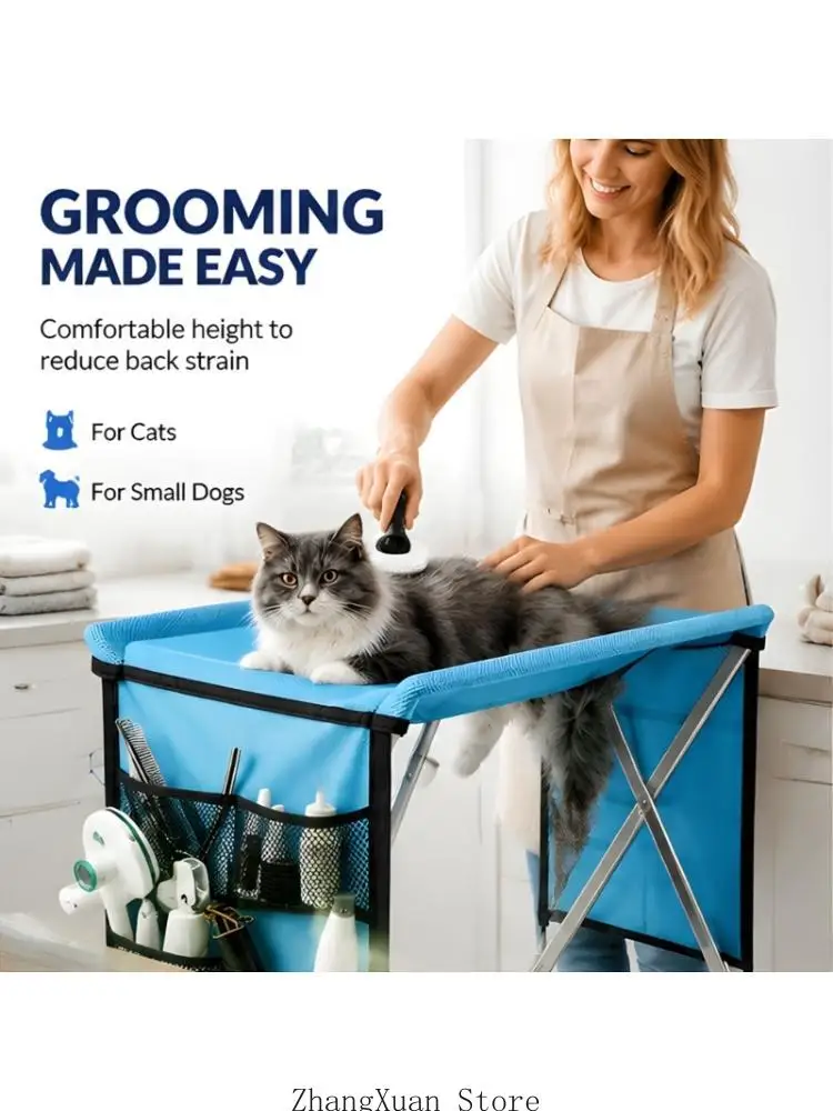 Small Animal Grooming Support Tool with Off-Floor Fabric Bed and Metal Frame for Routine Brushing and Trim Work 3XUF