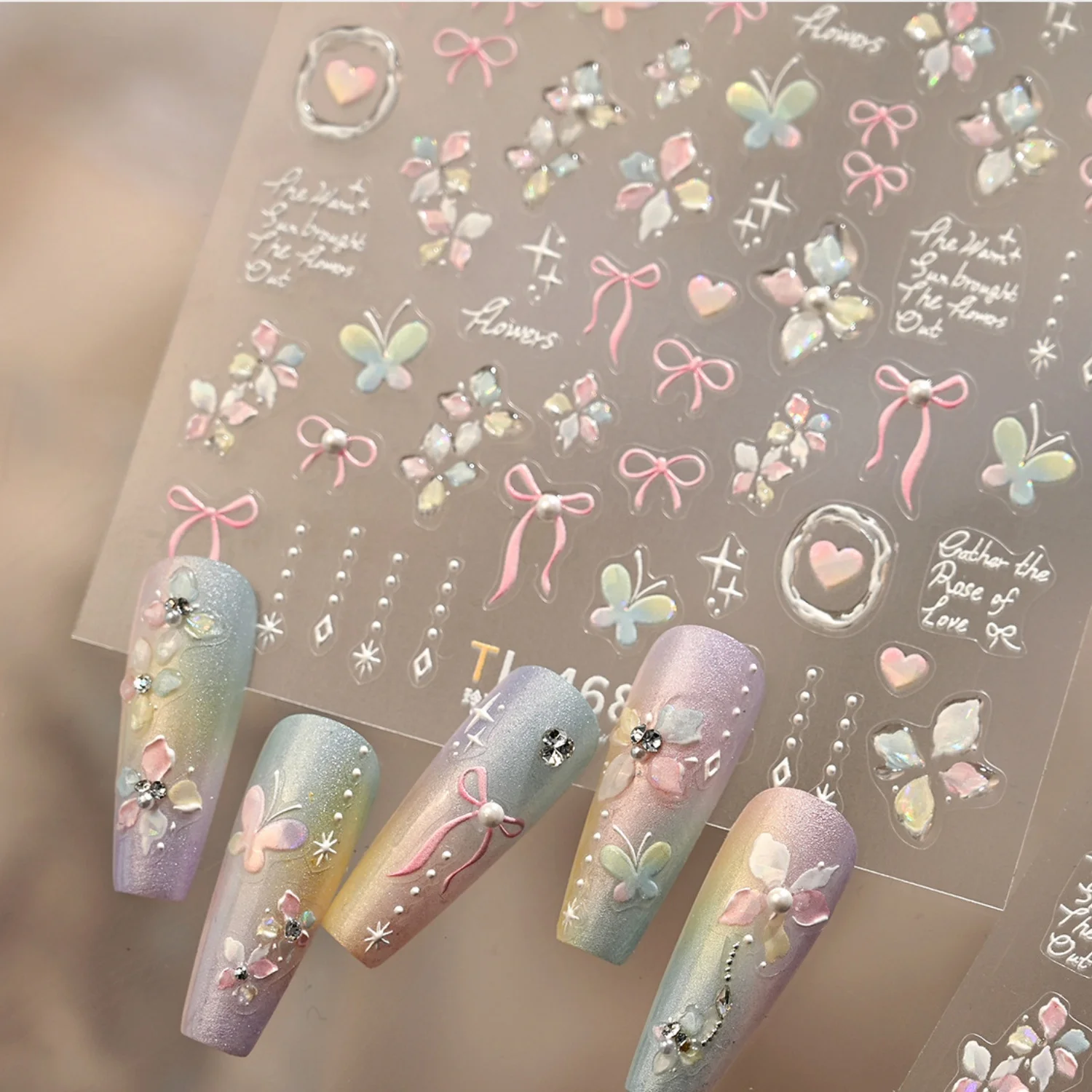 5D Süße Schmetterling Rosa Schleifenband Nagelaufkleber Perlenkette Liebesrahmen Stern Quaste Lolita Y2K Selbstklebende Nagelkunst-Dekorationen DIY