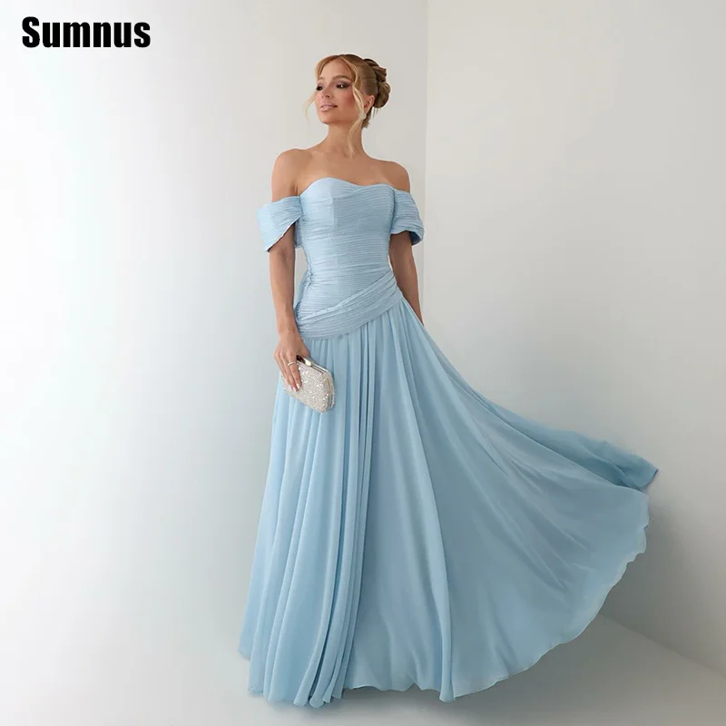 

Sumnus Elegant Sky Blue A-Line Evening Dresses Off Shoulder Pleats Maxi Formal Dresses فساتين سهرة Customized