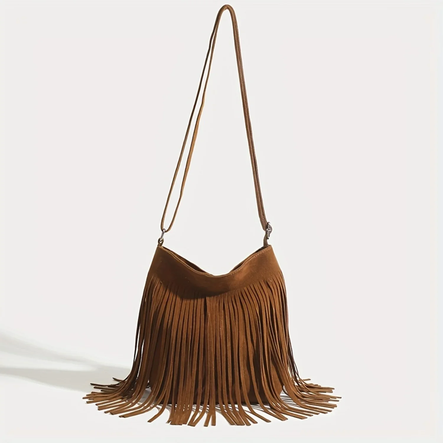 

Fringe Crossbody Bag, Style Tassel Shoulder Bag, Trendy Solid Color Bucket Purse For Women